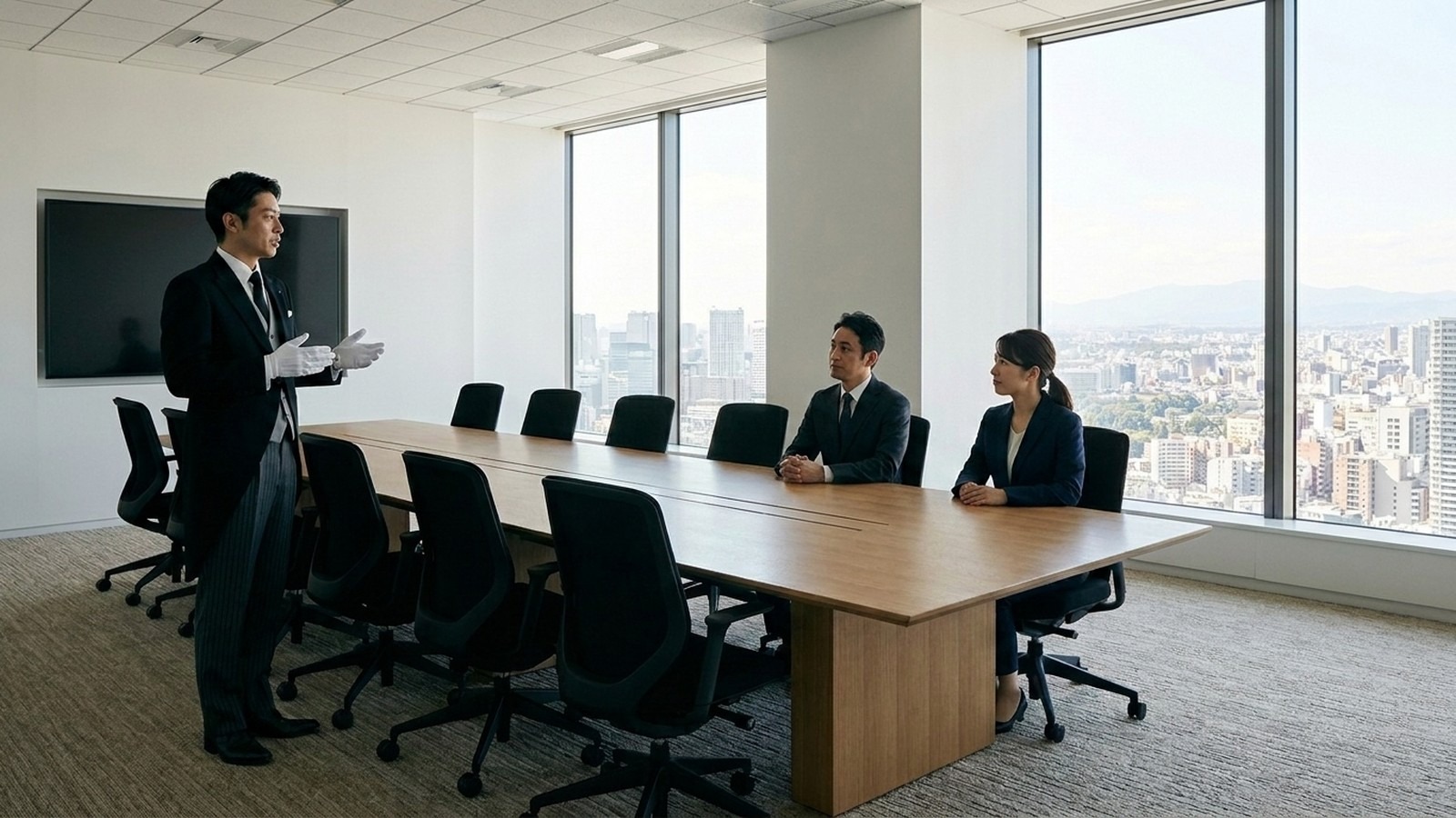 企業の会議室で接遇研修を受ける法人研修の参加者